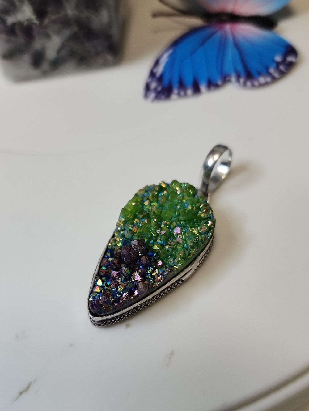 Green and Purple Druzy Teardrop Pendant Necklace